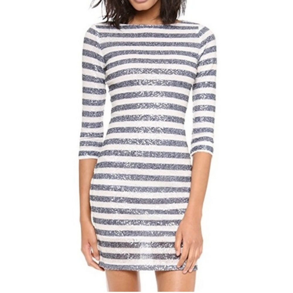 Alice + Olivia Pammy Blue & Cream Striped Sequin Bodycon Mini Dress 3/4 Sleeve
